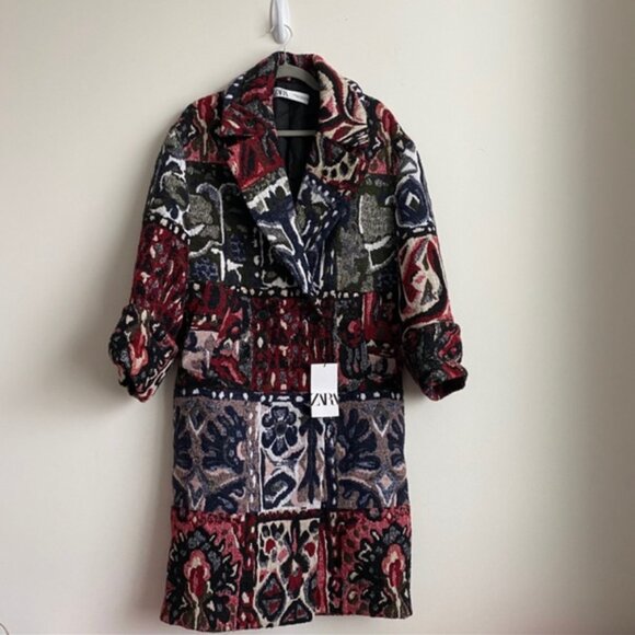 NWT ZARA Blogger Favorite LMT Edition Patchwork Multi Jacquard Coat - Picture 3 of 6
